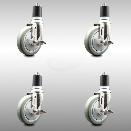 Service Caster 5 Inch 316SS Gray Poly Swivel 1-3/4 Inch Expanding Stem Caster Set Brake SCC SCC-SS316EX20S514-PPUB-TLB-134-4